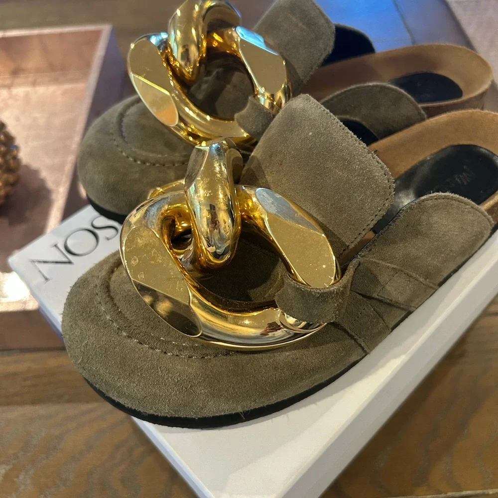 JW ANDERSON Olive Green Suede Mules with Gold Chain - Picture 4 of 5